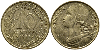 ФРАНЦИЯ 10 САНТИМОВ 1977 ТИП MARIANNE KM 929 медь алюминий никель 4387-654
