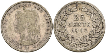Нидерланды 25 центов 1897 Вильгельмина (1890-1948) KM 115 серебро 1528-413