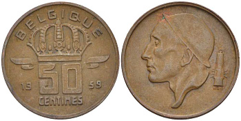 БЕЛЬГИЯ 50 САНТИМОВ 1959 BELGIQUE KM 148.1 бронза 96-623