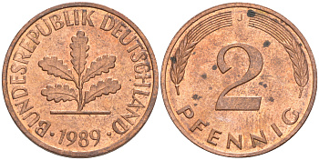 ФРГ 2 пфеннига 1989 J KM 106а, J. 381а сталь плакированная медью 55-1233