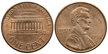 США 1 ЦЕНТ 1998 D, ЛИНКОЛЬН KM 201b цинк плакированный медью 72-1029