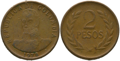 Колумбия 2 песо 1978 KM 263 бронза 4538-134