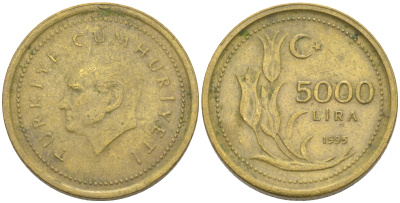 Турция 5000 лир 1995 Мустафа Кемаль Ататюрк KM 1029.1 латунь 106-715