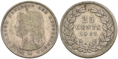 Нидерланды 25 центов 1897 Вильгельмина (1890-1948) KM 115 серебро 1528-413