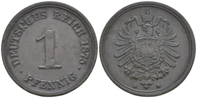 ГЕРМАНИЯ 1 ПФЕННИГ 1875 D, СТАРОГЕРБОВКА KM 1, Jager. 1, Weege 1 медь 4528-1056
