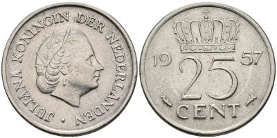 Нидерланды 25 центов 1957 Юлиана (1949-1980) KM 183 никель 96-136