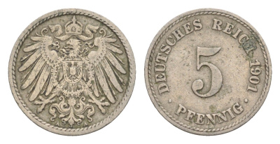Германия 5 пфеннигов 1901 A, Вильгельм II (1888-1918) KM 11, J. 12 медно-никель 4647-858