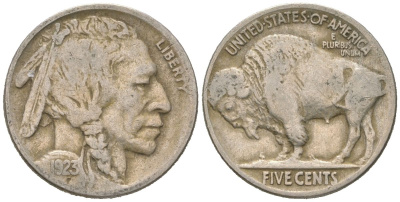 США 5 центов 1923 индеец, бизон KM 134 медно-никель 4614-1045