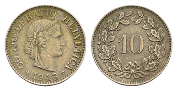 Швейцария 10 раппенов 1943 B KM 27 медно-никель 4643-342