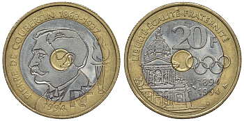 Франция 20 франков 1994 100 лет международному Олимпийскому комитету, Пьер Кубертен KM 1036, Le Franc 405.2 триметалл 4123-734