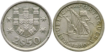 Португалия 2,5 эскудо 1980 парусник KM 590 медно-никель 4387-124