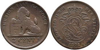 БЕЛЬГИЯ 2 САНТИМА 1871 BELGES KM 35.1 медь 95-647