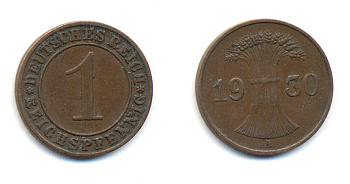 ГЕРМАНИЯ 1 РЕЙХСПФЕННИГ 1930 A KM 37, J. 313 бронза 57-213