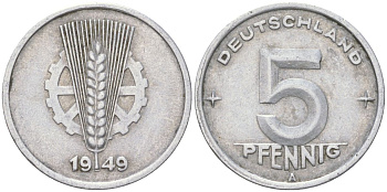 ГДР 5 пфеннигов 1949 A KM 2 алюминий 4613-939