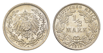 Германия 1/2 марки 1916 A, Вильгельм II (1888-1918) KM 17, J. 16 серебро UNC 4625-1039