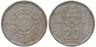 Португалия 20 эскудо 1986 KM 634 медно-никель 4131-312