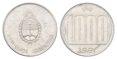 Аргентина 1000 аустралей 1991 KM 105 алюминий 4662-747