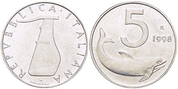 ИТАЛИЯ 5 ЛИР 1998 R, ДЕЛЬФИН, РУЛЬ KM 92 алюминий 4513-226