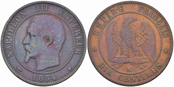 ФРАНЦИЯ 10 САНТИМОВ 1854 BB, НАПОЛЕОН III (1852-1870) KM 771.3, LE FRANC 133.12 бронза 38-1021