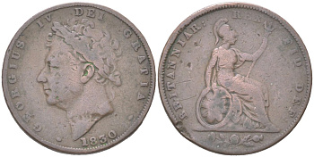 Великобритания 1 фартинг 1830 Георг IV (1820-1830) KM 697, Spink 3825 медь 4613-359