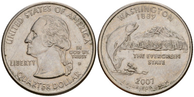 США 25 центов (квотер) 2007 D, серия штаты США, штат Вашингтон KM 397 медь плакированная медно-никелем 4603-1212
