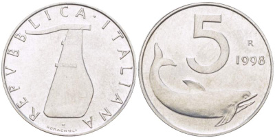 ИТАЛИЯ 5 ЛИР 1998 R, ДЕЛЬФИН, РУЛЬ KM 92 алюминий 4513-226