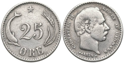 Дания 25 эре 1874 Кристиан IX (1863-1906) KM 796.1 серебро 4549-1151