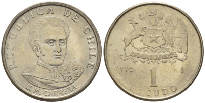 Чили 1 эскудо 1972 Хосе Мигель Каррера KM 197 медно-никель 4387-352