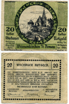 ВАЧАУЕР, АВСТРИЯ 20 ГЕЛЛЕРОВ 1920 КОММУНА ВАЙЗЕНКИРХЕ В ДОХАУ, НОТГЕЛЬД, 30 СЕНТЯБРЯ 1920 бумага 445-49-1-2