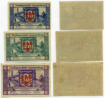 Австрия, Херцогенбург набор из 3 банкнот 10, 20, 50 геллеров 1920 31 декабря 1920, нотгельд, земля Нижняя Австрия   бумага  аUNC  7555-26-2-2