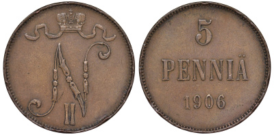 Россия для Финляндии 5 пенни 1906 Биткин 447 медь 53-814