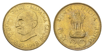 Индия 20 пайс 1969 100 лет со дня рождения Махатмы Ганди KM 42 алюминиевая бронза UNC 4151-1211