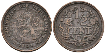 Нидерланды 1/2 цента 1921 Вильгельмина (1890-1948) KM 138 бронза 1528-323