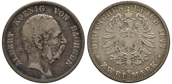 Саксония 2 марки 1877 Е, Альберт (1873-1902) Weege 1231, J. 121, KM 1238 серебро 02-119-27