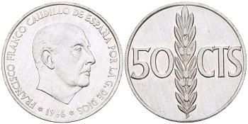 ИСПАНИЯ 50 СЕНТИМО 1966 (71) ФРАНСИСКО ФРАНКО ДИКТАТОР ИСПАНИИ (1939- 1975) KM 795 алюминий 4519-911