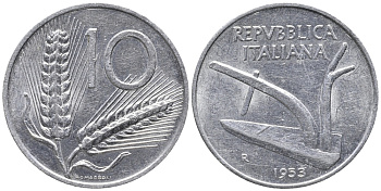 Италия 10 лир 1953 R, плуг, колосья KM 93 алюминий 34-1244