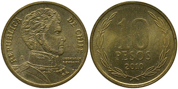 Чили 10 песо 2010 So KM 228.2, Schon 82 алюминиевая бронза 4544-853