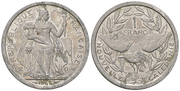 Французская Новая Каледония 1 франк 1988 птица кагу, (IEOM) KM 10, Schoen 10, Lec 48 алюминий 51-5127