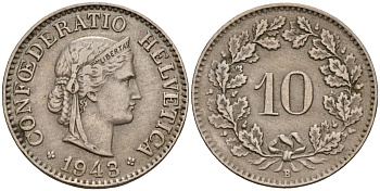 Швейцария 10 раппенов 1948 B KM 27 медно-никель 4189-345
