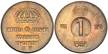 Швеция 1 эре 1963 Густав VI Адольф (1950-1973) KM 820 бронза 4580-1062