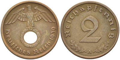 ГЕРМАНИЯ 2 РЕЙХСПФЕННИГА 1939 A KM 90, J. 362 бронза 261-933