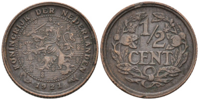 Нидерланды 1/2 цента 1921 Вильгельмина (1890-1948) KM 138 бронза 1528-323