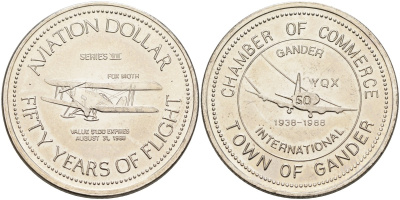 Канада, Гандер жетон 1988 1 авиационный доллар, Fox Moth никель 4590-825