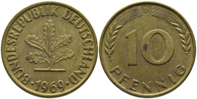 ФРГ 10 ПФЕННИГОВ 1969 D KM 108, J. 383 сталь плакированная латунью 98-425
