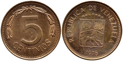 Венесуэла 5 сентимо 1976 KM 49 сталь плакированная медью 4392-937