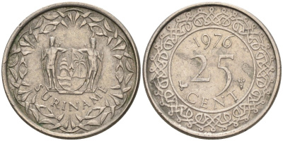 Суринам 25 центов 1976 KM 14 медно-никель 4585-966