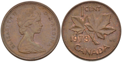 Канада 1 цент 1973 Елизавета II (1952-2022), кленовый лист KM 59.1 бронза 96-1139