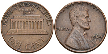 США 1 цент 1964 D, Линкольн KM 201 медь цинк 4115-835