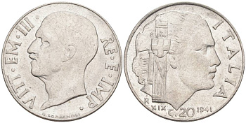 ИТАЛИЯ 20 ЧЕНТЕЗИМО 1941 R, ГОД XIX, ВИКТОР ЭММАНУИЛ III (1900-1946) KM 75b, VEM3. 1028 нержавеющая сталь 3853-951