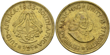 ЮАР 1/2 цента 1963 Ян Ван Рибек (1619-1677), голландский исследователь, мореплаватель, основатель Г. Кейптауна, две птички на ветке с ягодами KM 56 латунь 4135-343